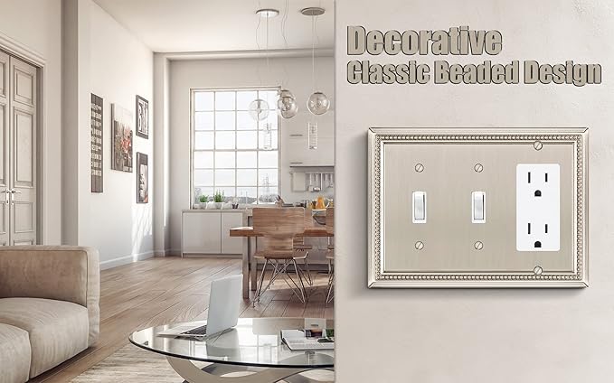 Henne Bery Sunken Pearls Heavy Duty Decorative Wall Plate Switch Plate Outlet Cover (Double Toggle/Single Decorator, Satin Nickel)