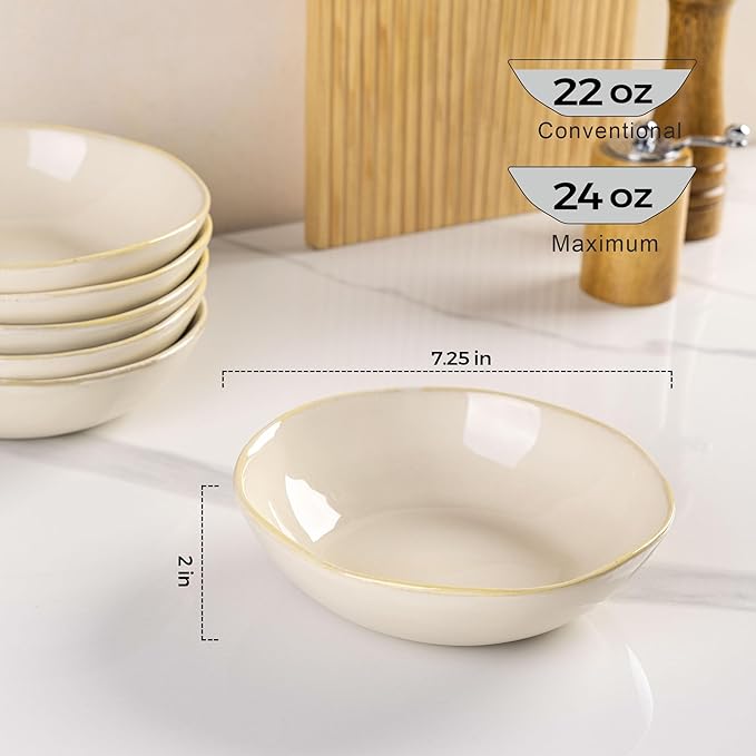 AmorArc Ceramic Cereal Bowls Set of 6, 24 oz Handmade Stoneware Bowls Set for Cereal Soup Salad, Stylish Kitchen bowls for Meal, Dishwasher & Microwave Safe, Reactive Glaze-Vanilla