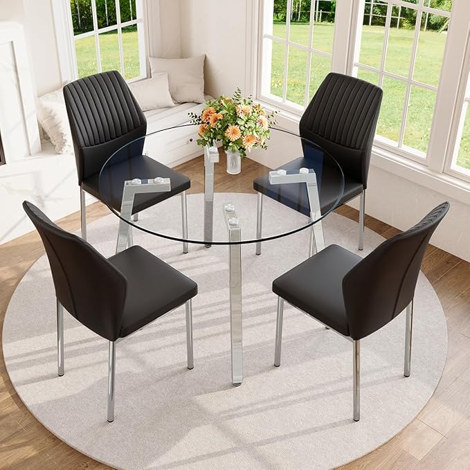 42" Round Glass Dining Table Set for 4,Modern Breakfast Table Set for 4 with Silver Chrome Legs,Space Saving Kitchen Table and Black Chairs for Apartment,Easy Assembly