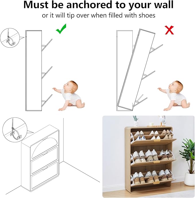 Narrow Hidden Shoe Organizer Cabinet Storage for Entryway, Modern Slim and Skinny Shoe Rack Cabinet with Flip Drawers for Entrance, Hallway - Natural