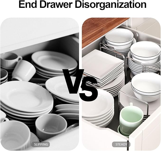 Dish Rack for Kitchen Countertop Organizer - Bamboo Plate Organizer for Cabinet Space Saver, Adjustable Stainless Steel 304 Plate and Bowl Holder with Portable Handle for Drawer Cupboard Shelf RV