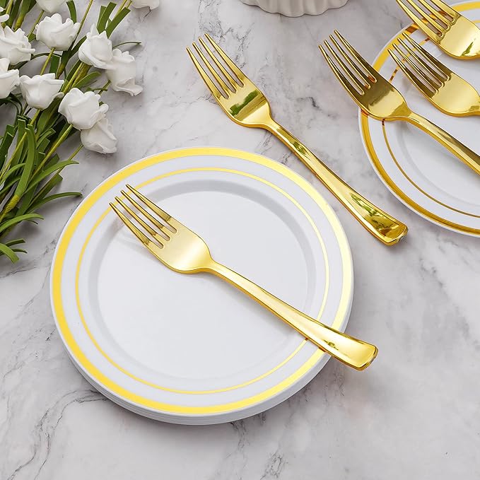 Goodluck 240PCS 7" Gold Dessert Plastic Plates with 7.4" Forks, Gold Appetizer Plates for 120 Guests, Including 120 Disposable Cake Plastic Plates and 120 Forks for Wedding/Birthday/Christmas Party
