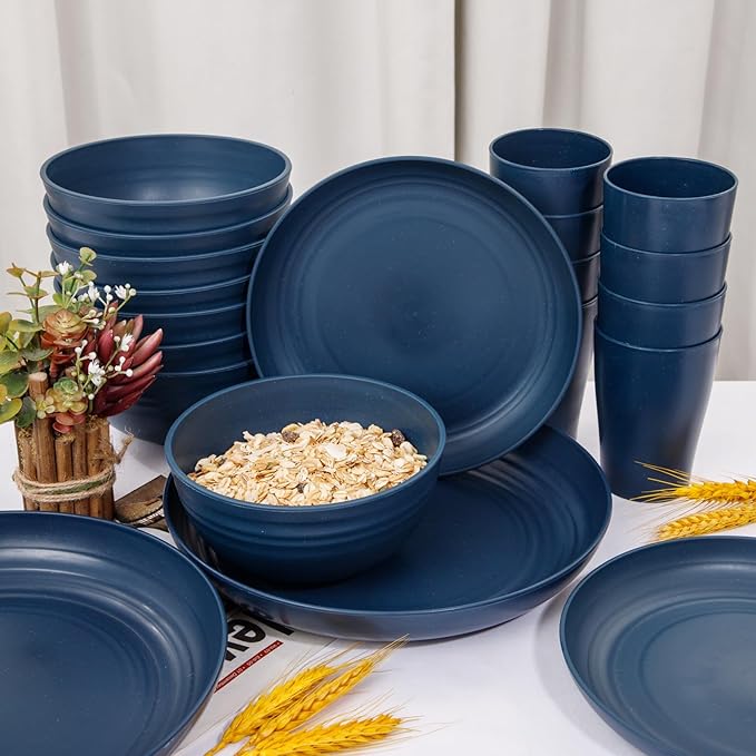 Supernal Wheat Straw Dinnerware Sets, Tableware Set for 8, Plates and Bowls Sets, Reusable Dinnerware Set, Dishwasher Safe, Blue Plastic Dinnerware Sets 16pcs Plates, 8pcs Bowls, 8pcs Cups