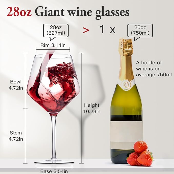 Large Red Wine glasses set of 4-28oz Extra Wine Glasses set of 4 with stem-Hand Blown Crystal Big Red Wine Glasses-Light,Thin,Large Cabernet Sauvignon Glasses
