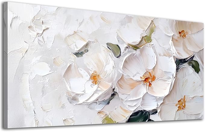 ADJUVANT Wall Art Impressionist Minimalist White Floral 40"L x 20"W, White Flowers With Subtle Tones Canvas Painting Delicate Petals Artwork Floral Wall Decor for Living Room Bedroom Bathroom Home Office