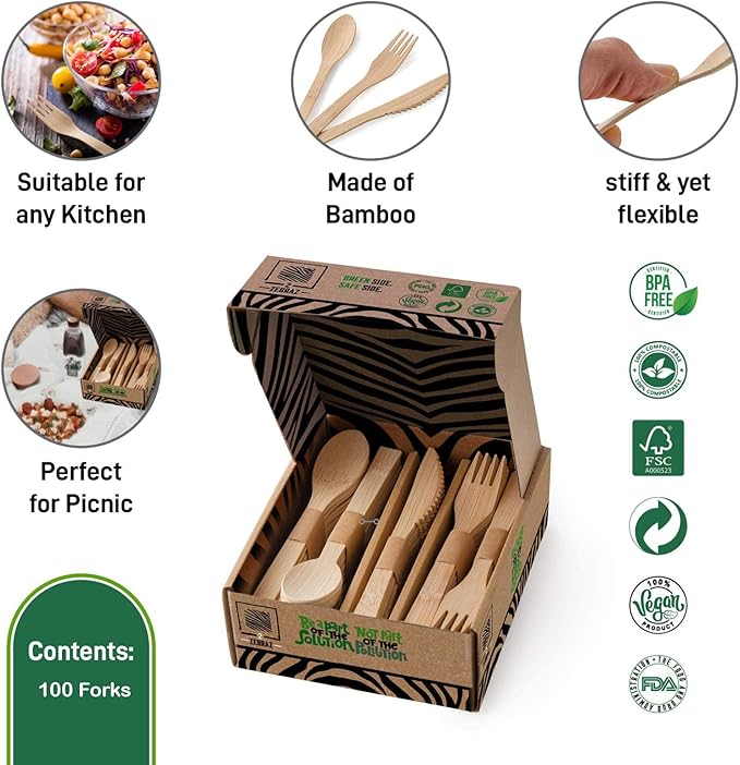 2ZEBRAZ Bamboo Cutlery Set – 100 Disposable Forks | Reusable Smooth Flatware, Heavy-Duty Natural Utensils for Dining and Entertaining