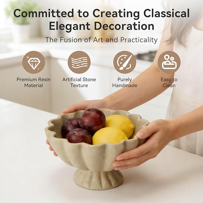 Pedestal Decorative Bowl Home Decor - Morden Handicraft Decorative Fruit Bowl for Kitchen Counter, Chic Ruffle Bowl Centerpiece Decor for Dining Table Coffee Table (Artificial Stone Beige)