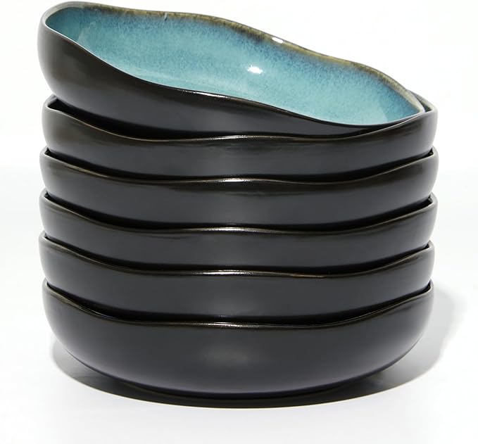 Pasta Bowls Set of 6, 36 Oz Ceramic Bowl Plates, Microwave Safe Bowl Sets, Deep Serving Bowls for Vegetable, Spaghetti, Noodle, Highly Durable Reactive Glazed, Green Black