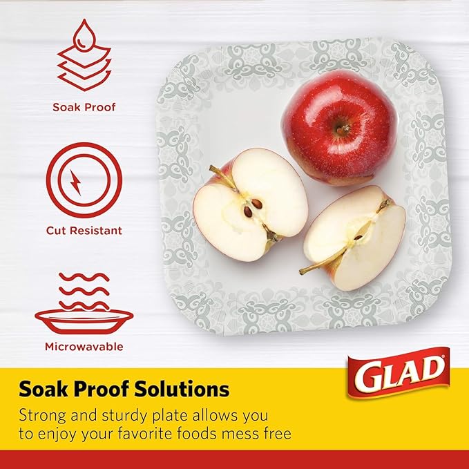Glad Square Disposable Paper Plates, Grey Victorian Pattern - Strong, Sturdy, Soak Proof, and Microwavable Decorative Plates for Dinner and Everyday Use, 7 Inch, 50 Count - 12 Pack