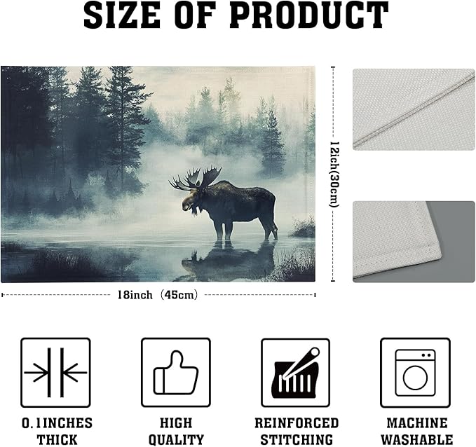 Fall Placemats Set of 4 - Moose Place Mat 12x18 Inch Autumn Forest Placemats Wildlife Table Mat for Party Kitchen