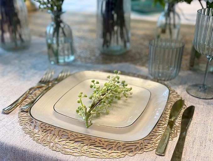 " OCCASIONS " 100 Plates Pack,(50 Guests) Premium Wedding Party Disposable Plastic Plates Set -50 x 10'' Dinner + 50 x 7'' Salad/Dessert (Belize Square in Ivory & Gold)