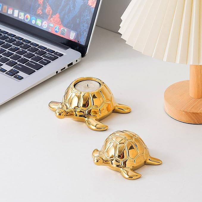 Golden Turtle Statue, Ceramic Turtle Ornament for Home Decor - Gold Tabletop Decoration, Collectible Decor for Elderly, Turtle Sculpture for Bookshelf, Desk, Nightstand