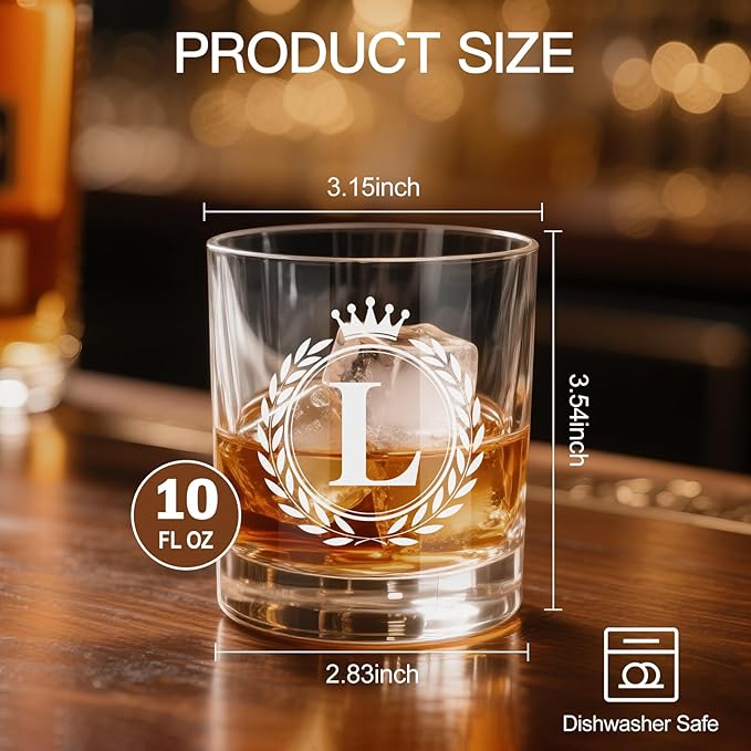 Whiskey Glasses - Rocks Old Fashioned Glass Gifts for Men, Monogrammed A-Z 10oz Personalized Whisky Glasses, Christmas Birthday Gifts for Men Him Dad Father Husband Brother Son (L)
