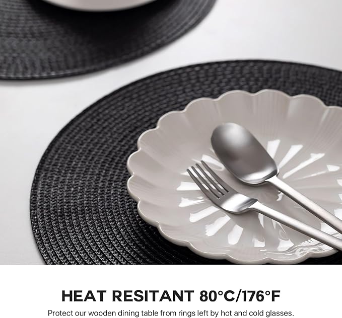 Round Placemats Set of 8 Plastic Woven Placemats Washable Wipeable Table Mats for Dining Table Heat Resistant Non-Slip Circle Place Mats (Black)