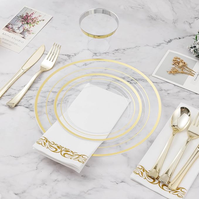 BESTVIP 700PCS Clear Gold Disposable Dinnerware Set for 100 Guests, Plastic Plates for Party, Wedding, Christmas, Include: 200 Plastic Plates, 100 Gold Silverware, 100 Cups, 100 Napkins