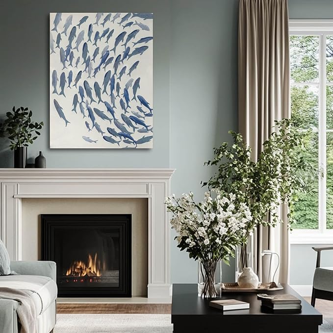 CHUDANHAO Blue and White Wall Decor Animal Decorative Paintings Fish Canvas Wall Art 30"x40" Office Decorations Artwork for Bedroom