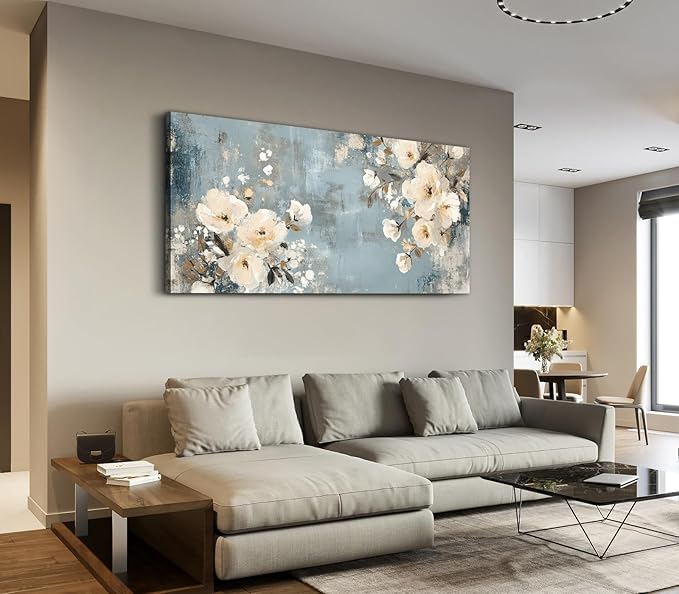ADJUVANT Wall Art Vintage Floral 48" L x 24" W, Creamy Flowers On Distressed Blue Background Canvas Painting Blossoms Artwork Prints Floral Wall Decor for Living Room Bedroom Dining Room Home Office