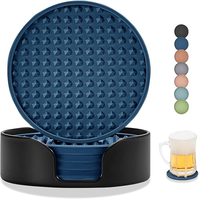 Coasters for Drinks, Silicone Coasters Set of 6 with ABS Holder, Outdoor Coaster for Coffee Table, Non-Slip Rubber Table Cup Mat Desk, Heat Resistant & Scratch-Proof (Navy Blue)