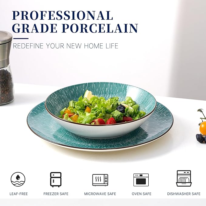 Bestone 12-Piece Round Porcelain Dinnerware Set, Service for 4, Chip Resistant Plates and Bowls,Green, Dishwasher & Microwave Safe for Home Daily Use