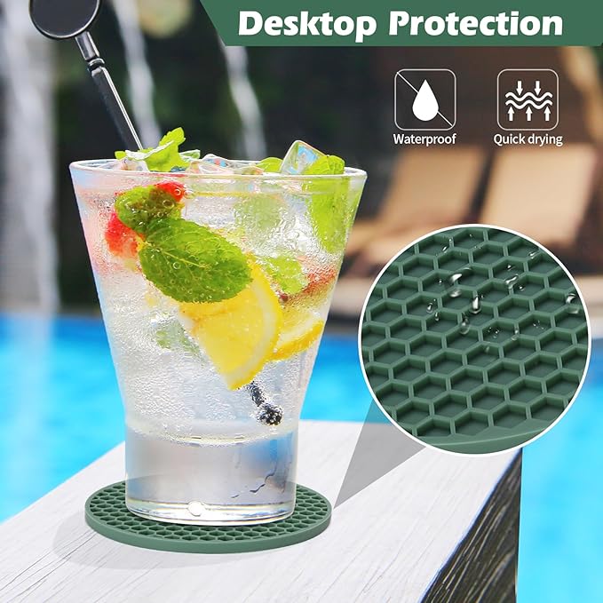 Silicone Coasters Set of 8 with Holder,Coasters for Drinks,Beer,Coffee Coasters,Suitable for Kinds Cups,Hot or Cold,Anti-SLI,Non-Stick,Anti-Overflow Tabletop Protection and Decor (8 Pcs, Green)