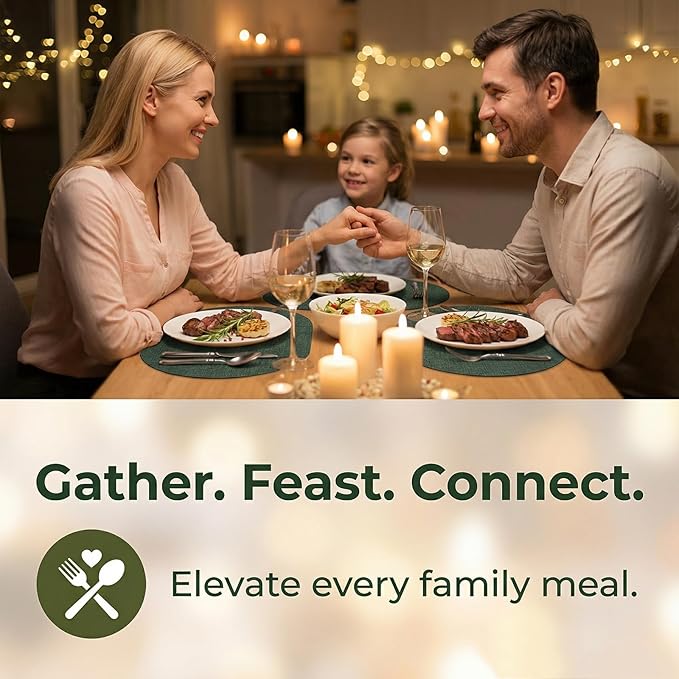 Placemats Set of 6 - Washable Heat Resistant Table Placemats - Wipeable Faux Leather Oval Place Mats, Waterproof Table Mats for Dining Table, Green