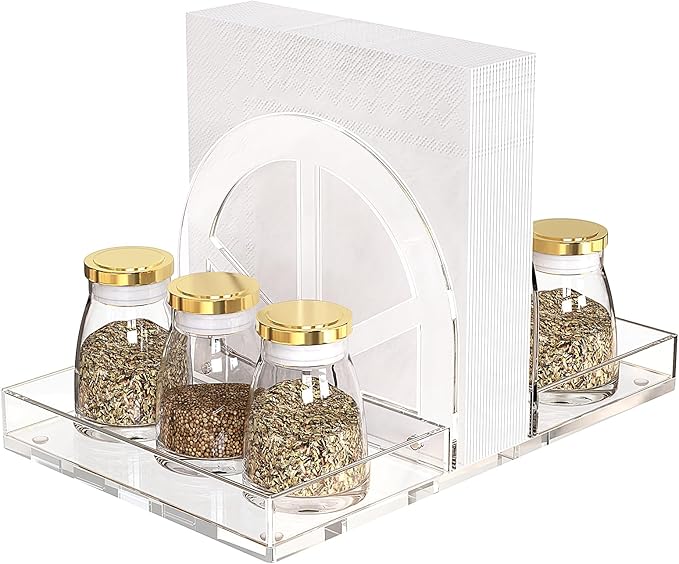YAGELI Acrylic Napkin Holder with Storage, Clear Modern Napkin Dispenser with Magnetic Installation for Kitchen, Dining Table, Restaurant, Bar, Office & Party （Two Tray）