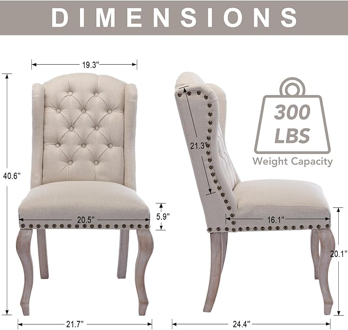 chairus Tufted Parsons Dining Chairs Set of 2, French Country Upholstered Dining Room Chairs with Nailhead Trim & Curved Wood Legs, Farmhouse High Back Armless Side Kitchen Chairs, Beige Linen