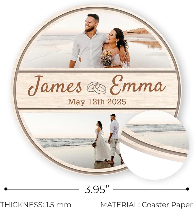 100 Pack Personalized Wedding Coasters, Custom Cardboard Coasters for Drinks with Photo Print and Text, Keepsake Wedding Favors and Gifts for Couples, 3.95" Round (Design 8)