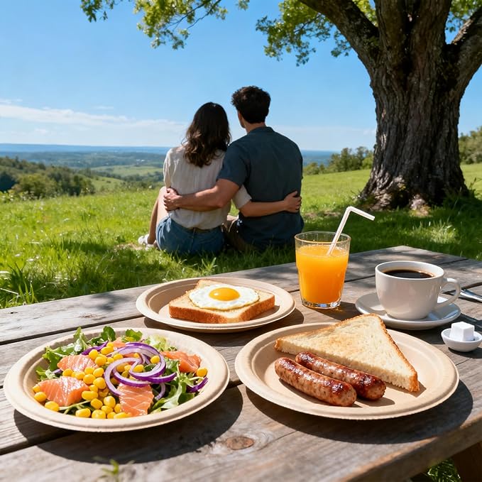 W&Y 100 Pack 9 Inch Paper Plates, Heavy-Duty Dinner Plates, Cut Resistant & 100% Compostable Disposable Paper Plate,Leak Proof & Microwave Safe for Parties, Weddings, Catering Events