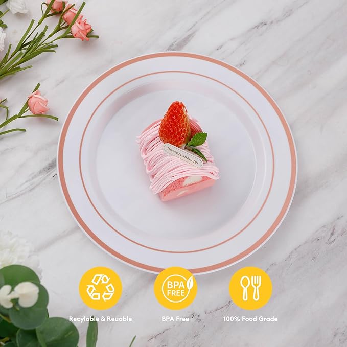 Goodluck 200PCS Rose Gold Plastic Plates, Heavy Duty Disposable Rose Gold Plates with 100 10.25 inch Dinner Plates and 100 7.5 inch Dessert Plates. Disposable Plates for Party, Wedding, Valentines