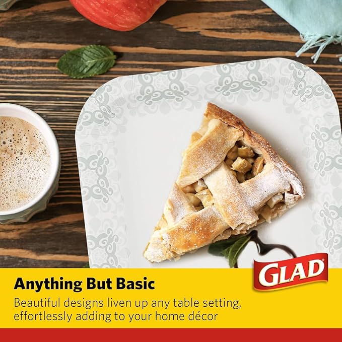 Glad Square Disposable Paper Plates, Grey Victorian Pattern - Strong, Sturdy, Soak Proof, and Microwavable Decorative Plates for Dinner and Everyday Use, 7 Inch, 50 Count - 12 Pack