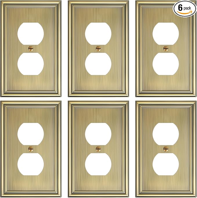 6-Pack Single Duplex Outlet Cover Plate, Decorative Antique Brass Switch Plates and Outlet Covers, Metal Wall Plates for Electrical Outlets, 1 Gang Receptacle Cover, Corrosion Resistant