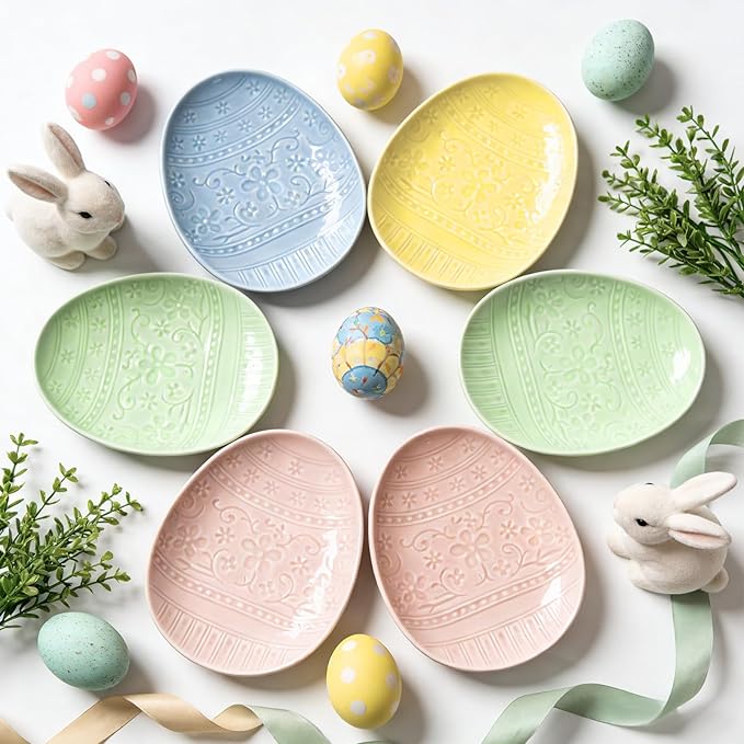 Havawish 4 Pack Easter Pastel Ceramic Dessert Plates 7 Inch Egg Accent Plates for Easter Parties Appetizer Salad Snacks Family Meals Spring Kitchen Table Decor