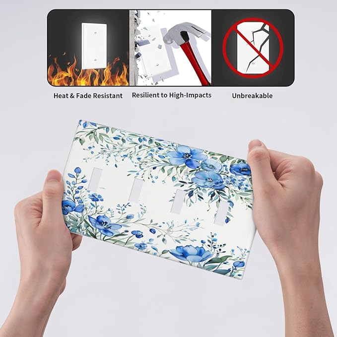 Light Switch Cover Blue Watercolor Flowers Retro Floral Leaves 4 Gang Switch Plate Quad Toggle Wall Plates Decorative Switchplate Electrical Outlet Cover for Bathroom Bedroom Decor