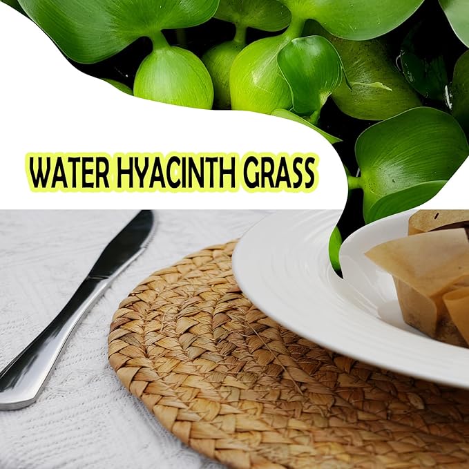 ANDSTAR Round Woven Placemats Set of 6, 12"x12", Natural Wicker Placemats, Water Hyacinth Straw Braided Placemats,Boho Place Mats for Farmhouse, Rustic Table (Water Hyacinth in Natural Color)