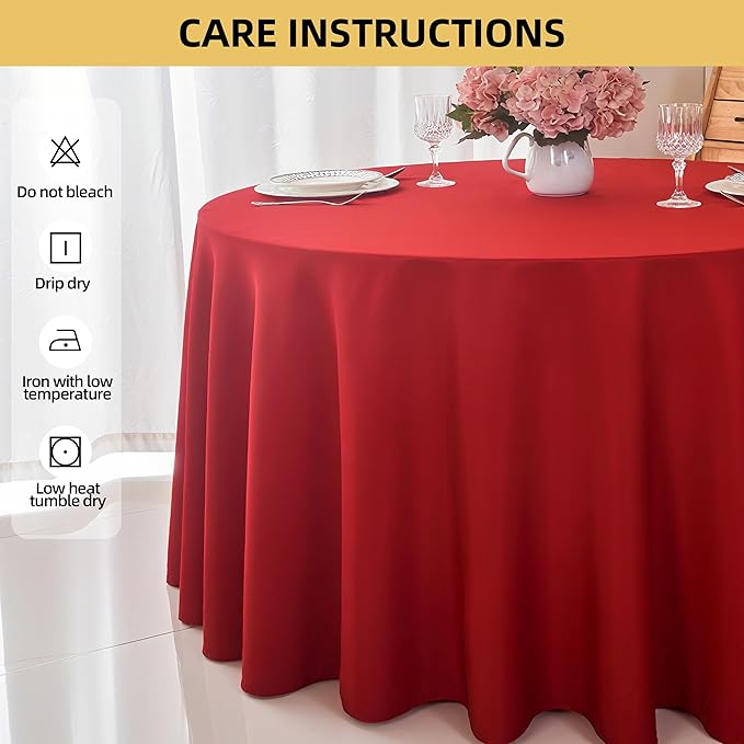 2-Pack Round 108-inch Red Table Cloths, Solid Stain and Wrinkle Resistant Circular Tablecloth, Premium Plain Weave Polyester Fabric Table Linen Covers for Hotel, Banquet