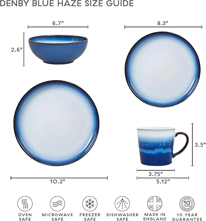Denby - Blue Haze Coupe Salad Plates Set of 6 - Dishwasher Microwave Oven Safe - Scratch Chip Resistant Lunch, Appetizer, Dessert Plates - 8.25 Inch Ceramic Stoneware Dinnerware Set