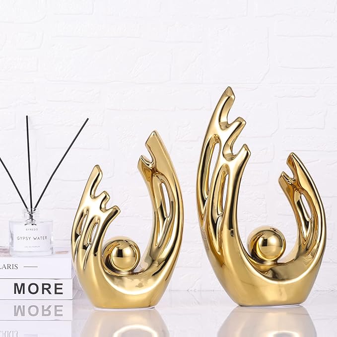 LCCCK 9.5" H Gold Aesthetic Room Decor Accent, TV Stand Funky Table Centerpiece, Abstract Art Ceramic Statue and Sculpture, Gold Decor for Living Room, Bookshelf Decorative Objects, Shelf