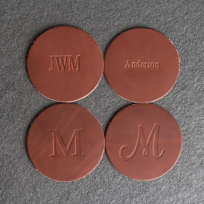 Ox & Pine Personalized Leather Coaster - Sold Individually or in Sets of 4 - Customize Inscription - 100% Full-Grain Leather – 4" Round or 4" Square (Square, Stone Natural, Set of 4 Coasters)