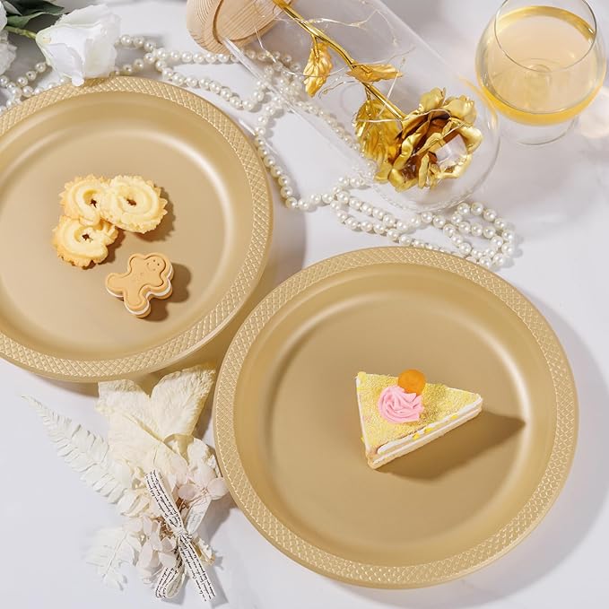 WELLIFE Gold Party Plates 9 Inch -150 Count, Disposable Plastic Dinner Plates for Party Dessert Cake Wedding Engagement Birthday