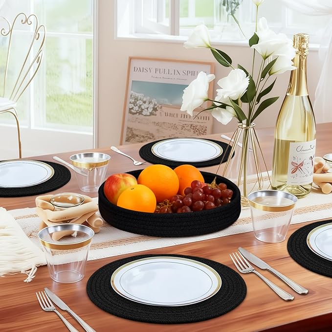 Round Placemats Set of 6 with Holder, Cotton Rope Woven Place Mats, Hot Pads for Kitchen, Heat Resistant Table Mats, 13 Inch Farmhouse Washable Braided Placemat for Kitchen Decor (Black)