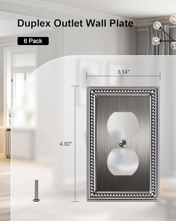 6-Pack Duplex Outlet Cover, Antique Silver Metal Wall Plates for Electrical Outlets, 1 Gang Receptacle Light Switch Cover, Pearls Beaded Decorative Switch Plates and Outlet Covers