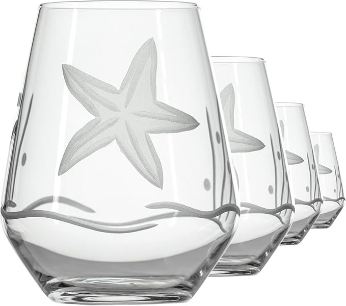 Rolf Glass Starfish stemless wine glass tumbler 18 ounce - Set of 4 - Engraved Lead-Free Glass - Made in ths US