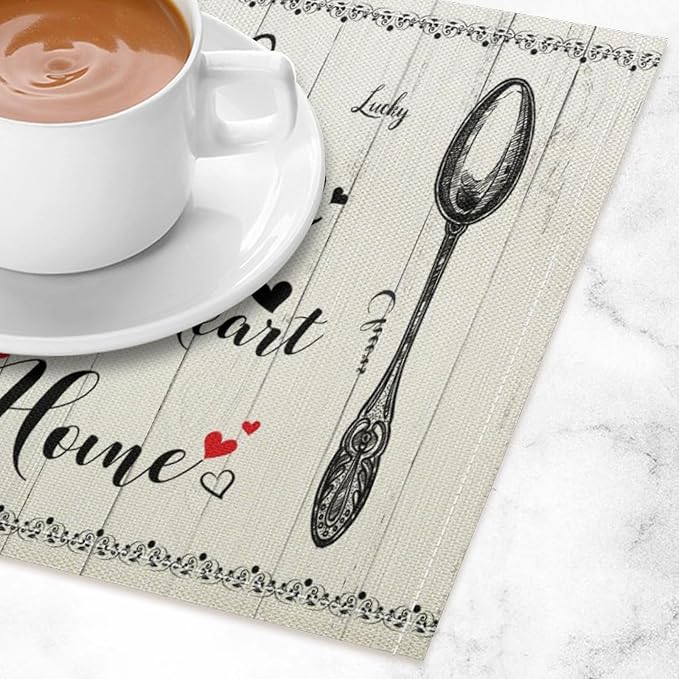 Retro Farmhouse Placemat Set, Minimal Black White Rustic Plank Art Sketch Cutlery Knife Fork Inspirational Quotes Pattern Home Decor Linen Table Mats for Dining Room Kitchen Party (17x12in) x6P