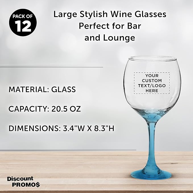 Custom Premiere Wedding Wine Glasses 20.5 oz Set of 12, Personalized Bulk Pack - Restaurant Glassware, Perfect for Red Wine or White Wine - Blue