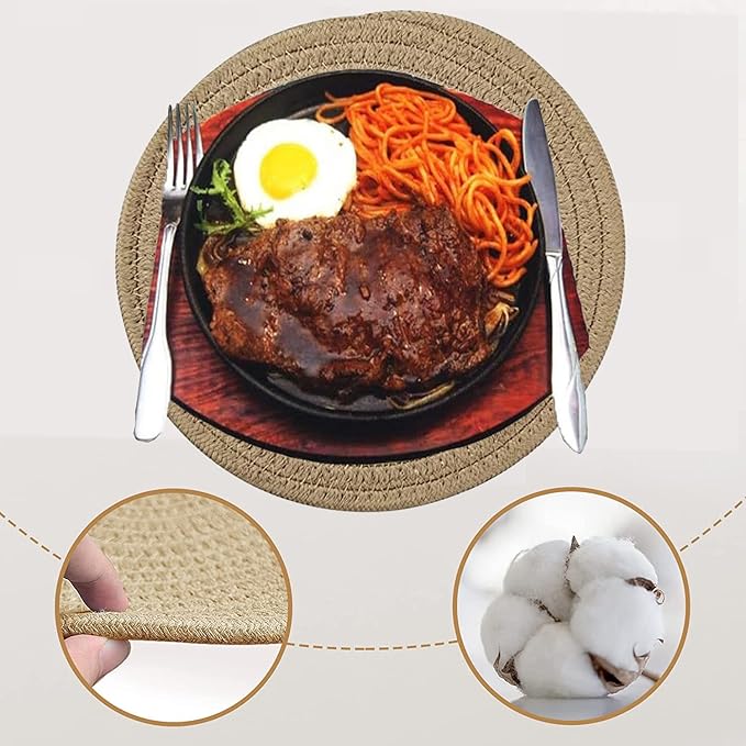 6 Pack Round Woven Placemats,13.8 inch Plate Chargers Brown Jute Thick Place Mats Cotton Jute Rope Braided Tablemats Rattan Tablemats Weave Placemats for Dining Table