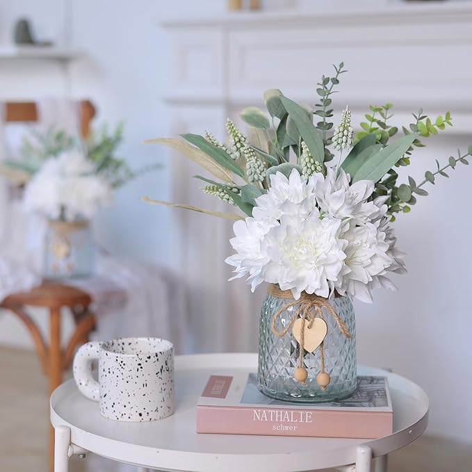 Faux Flowers with Vase,Artificial Silk Flowers in Vase, Fake Plant Eucalyptus and Willow,Flower Arrangement for Home Farmhouse kitchen Dining Table Centerpiece Decorations Coffee Table Decor (White)