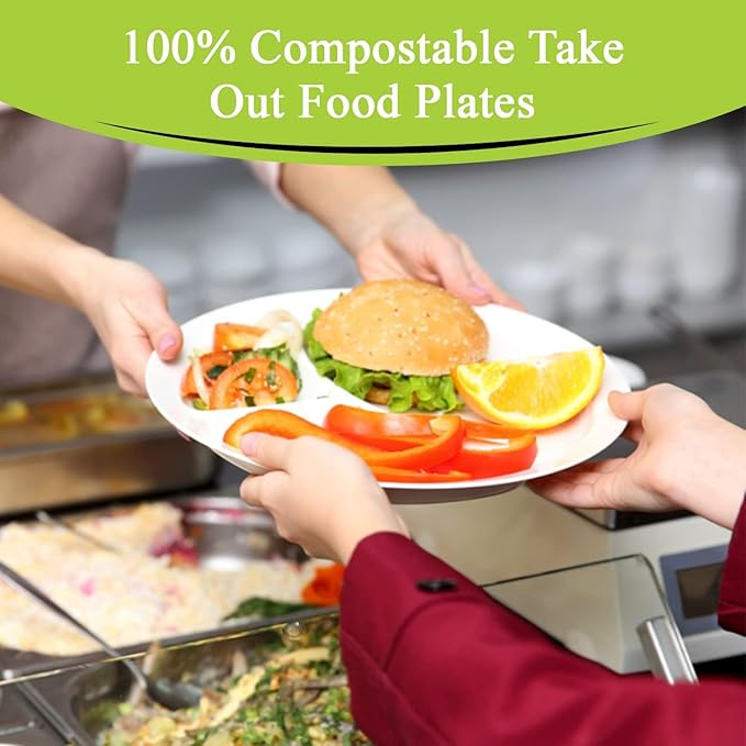 three leaf 9" 3 COMPARTMENT BAGASSE ROUND PLATE, 9,000 Ct. (18 cases x 500 plates) Heavy-Duty- Super Strong- Natural- Eco-Friendly Disposable Bagasse Plates.