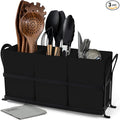 Large Kitchen Utensil Holder, Drainage Utensil Caddy for Countertop, 3pcs Bins Set Cooking Utensil Organizer for Spoons, Spatulas, Black
