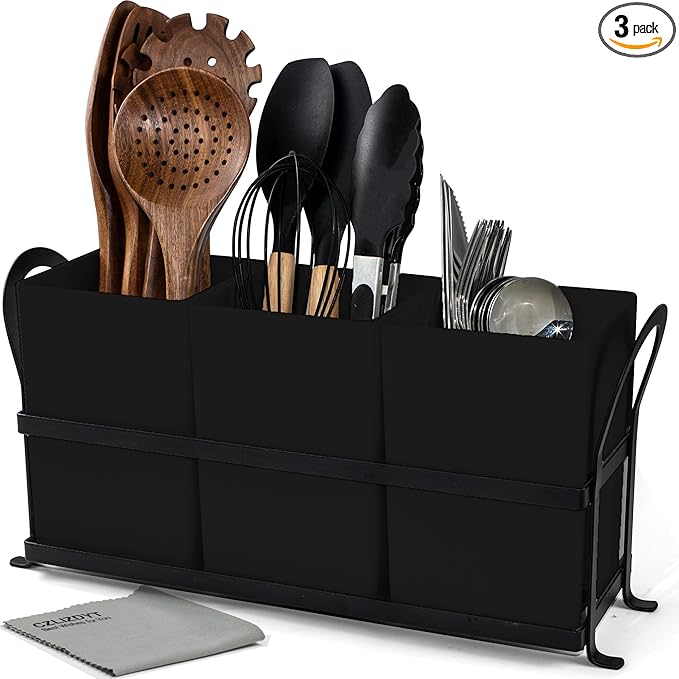 Large Kitchen Utensil Holder, Drainage Utensil Caddy for Countertop, 3pcs Bins Set Cooking Utensil Organizer for Spoons, Spatulas, Black